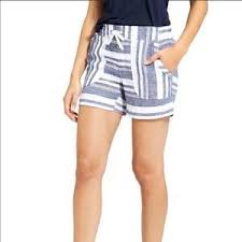ATHLETA Blue & White 100% Linen Shorts size 2 Small Coastal Resort Wear NEW